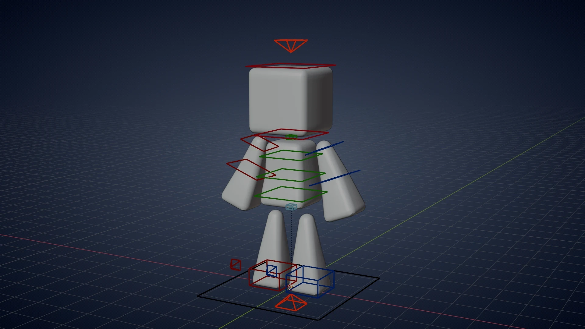 The blocky platformer character in Blender with its rig controls visible
