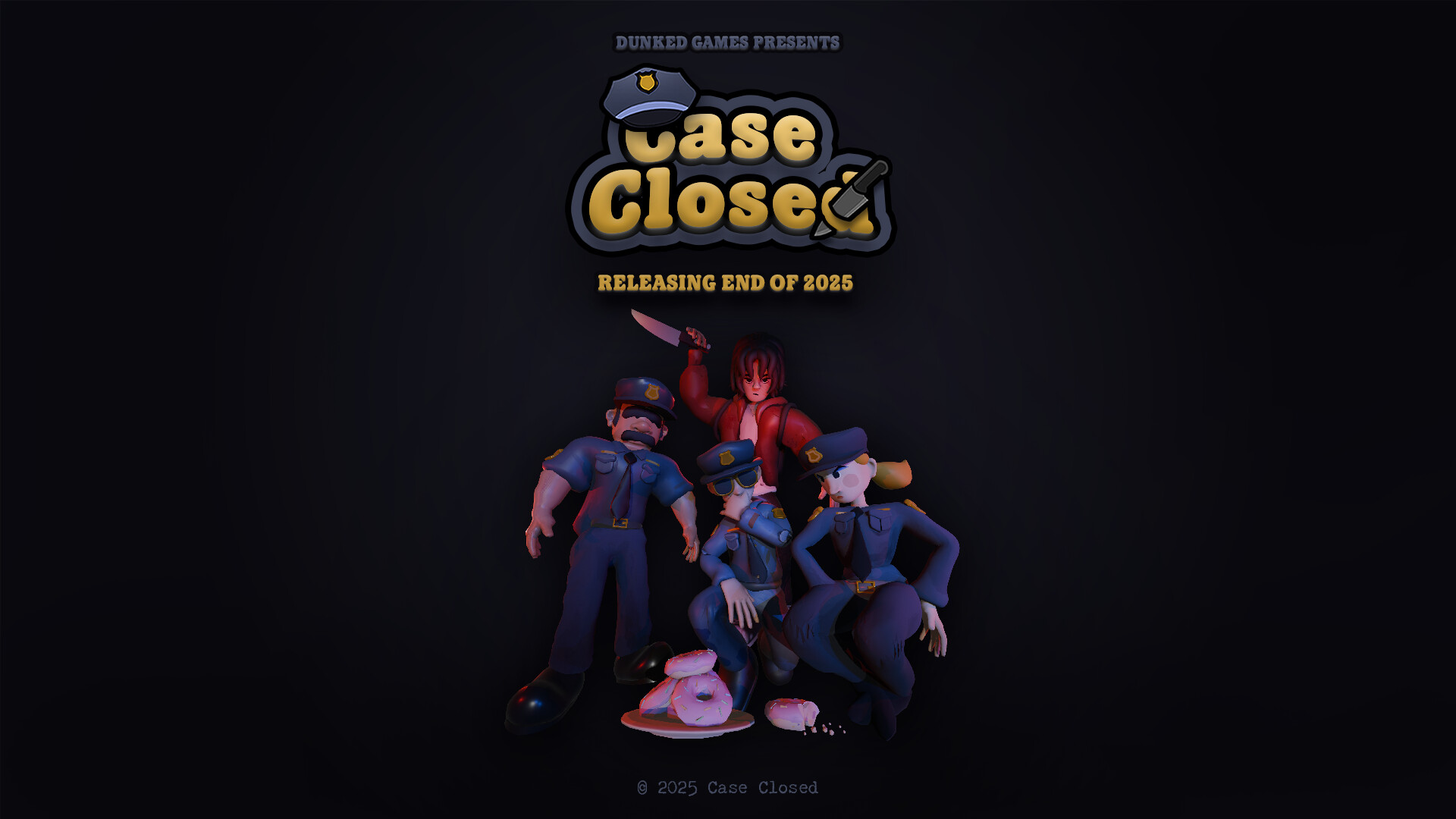 Case Closed key art: three police officers and a suspect holding a knife