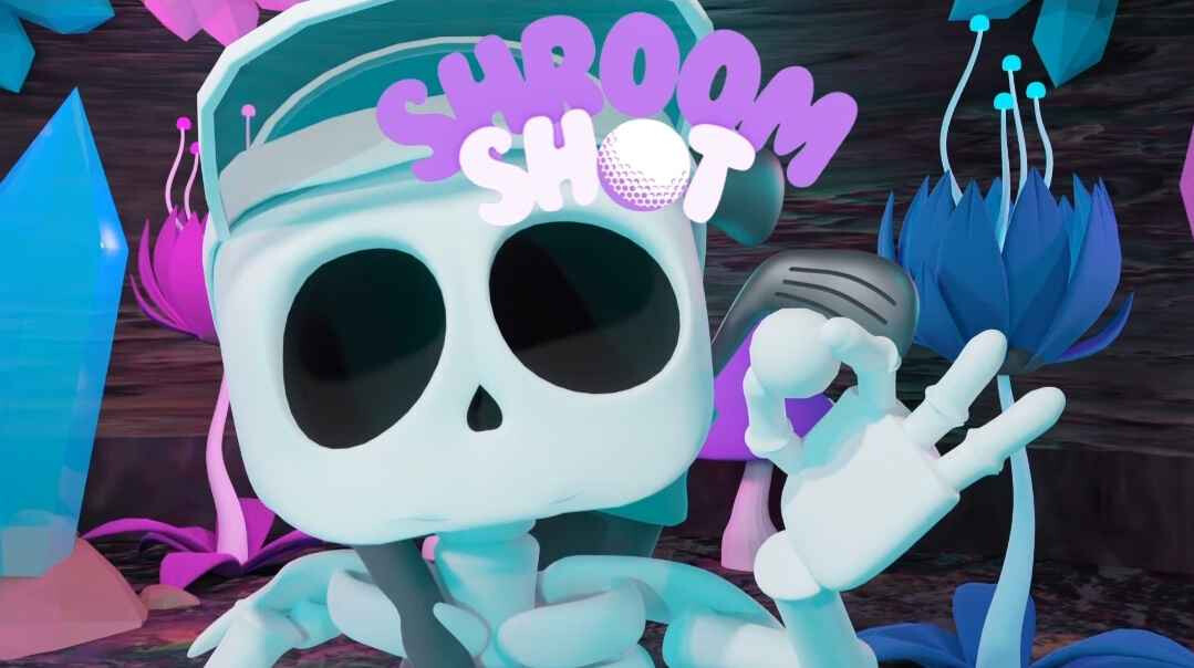 Gary the skeleton giving an OK sign in a glowing mushroom cave