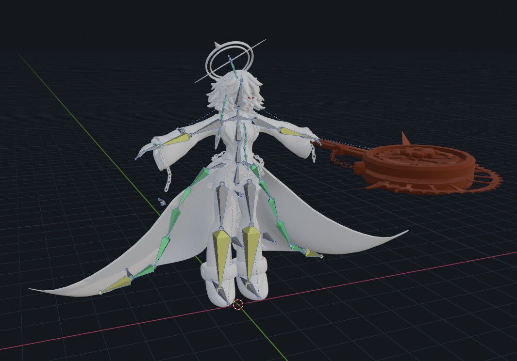 The Time Traveler's armature in Blender, including her cape and weapon