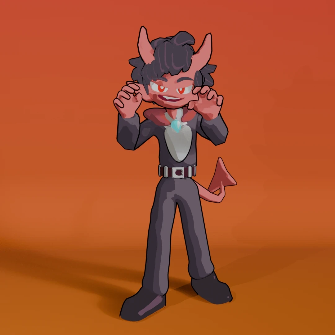 The stylized demon character posing playfully against an orange background