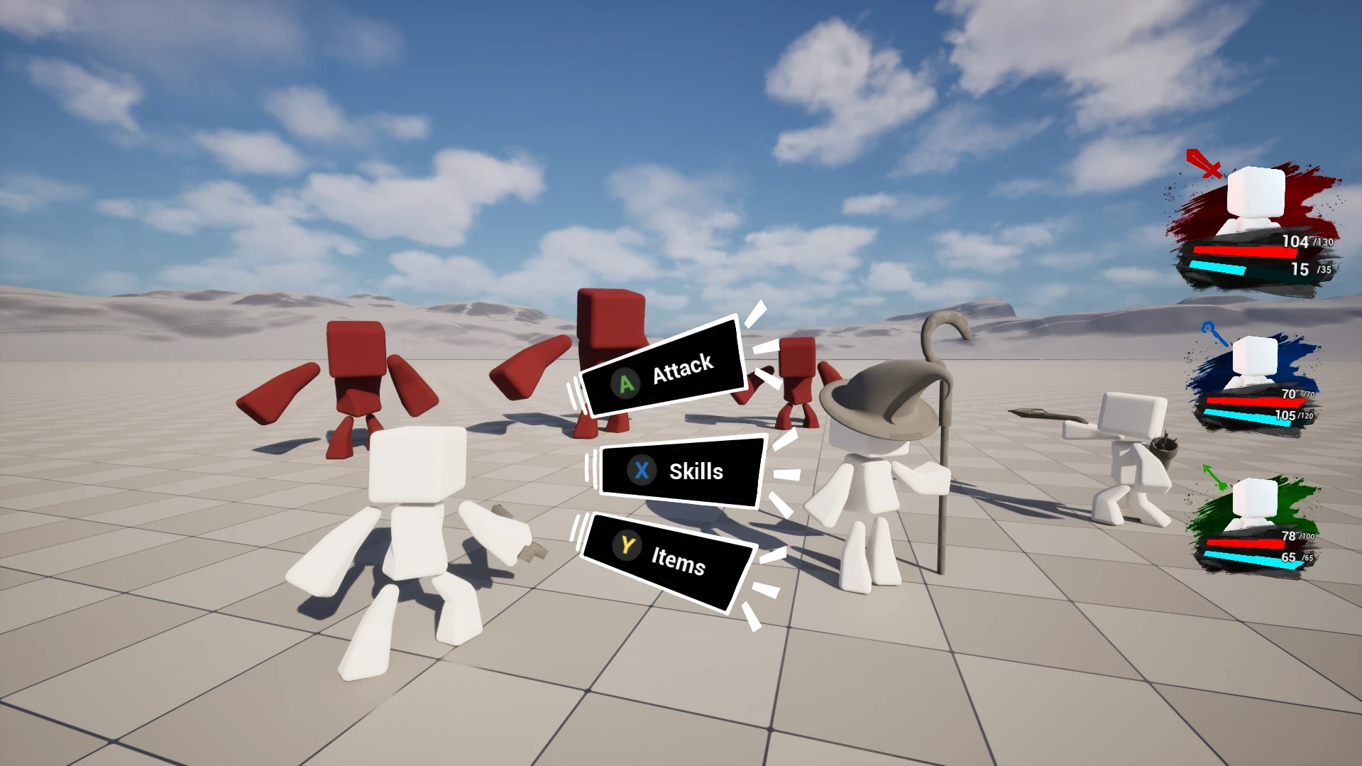 The turn-based combat screen in Unreal Engine 5, with the Attack, Skills and Items menu