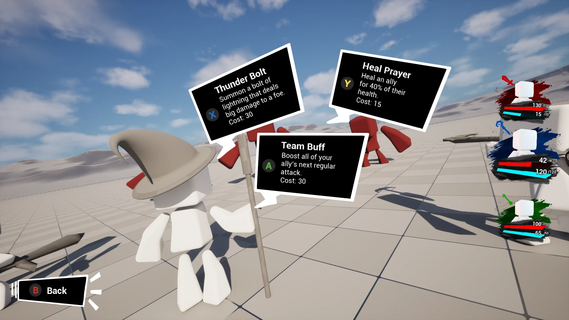 The mage's skills: Thunder Bolt, Team Buff and Heal Prayer