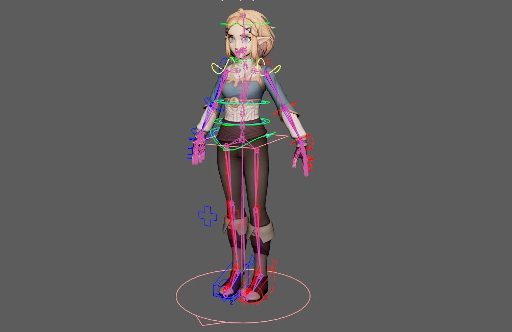 The Zelda model in Maya with all rig controls visible