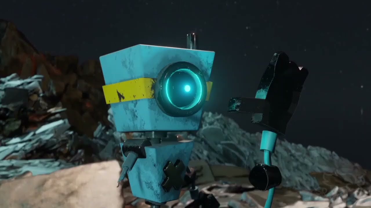 A small teal robot with a glowing eye, standing in a field of rubble